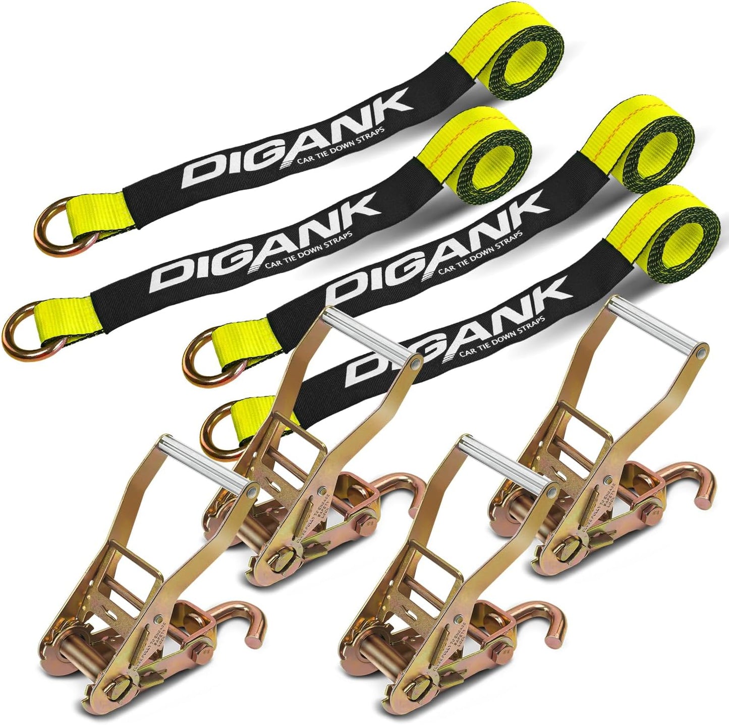 Car Tie Down Straps (4PK) with J Finger Hook Lasso Ratchet Strap 2 Inch x 96 Inch- for Any Car, SUV, Jeep or Sports Car