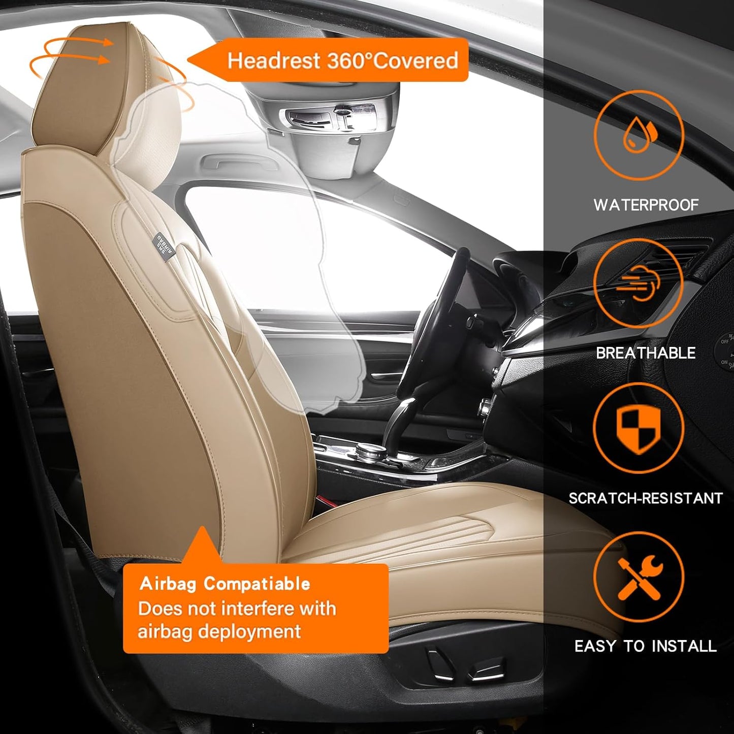 MINGBRON Car Seat Cover Full Set, Leather Car Seat Cover, Waterproof Seat Covers, Car Seat Cushion, Nappa Leather Seat Covers Car Seat Protector Universal Fit Most Cars Black