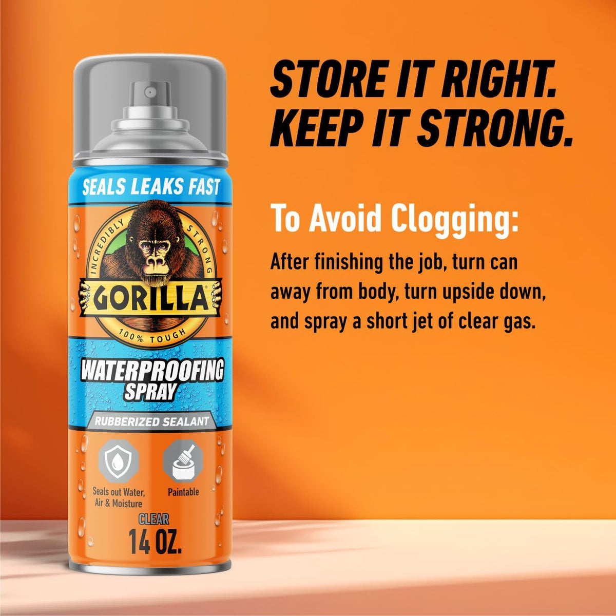 Gorilla Waterproofing Spray Clear, Flexible Rubberized Sealant Coating, Paintable UV Resistant, Seals Water Air Moisture, 14 oz (Pack of 1), for Roofs Gutters Skylights RVs Windows & More