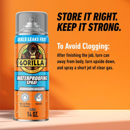 Gorilla Waterproofing Spray Clear, Flexible Rubberized Sealant Coating, Paintable UV Resistant, Seals Water Air Moisture, 14 oz (Pack of 1), for Roofs Gutters Skylights RVs Windows & More