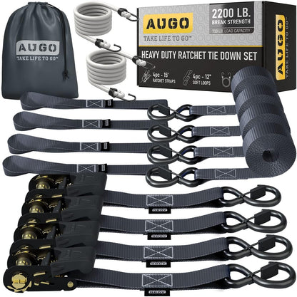 AUGO Ratchet Straps Heavy Duty 4 Pack -15 FT - 2200 LB Break Strength – with Safety Lock S Hooks - Cargo Straps for Moving, Appliances, Motorcycle – Soft Loop Tie Down Straps