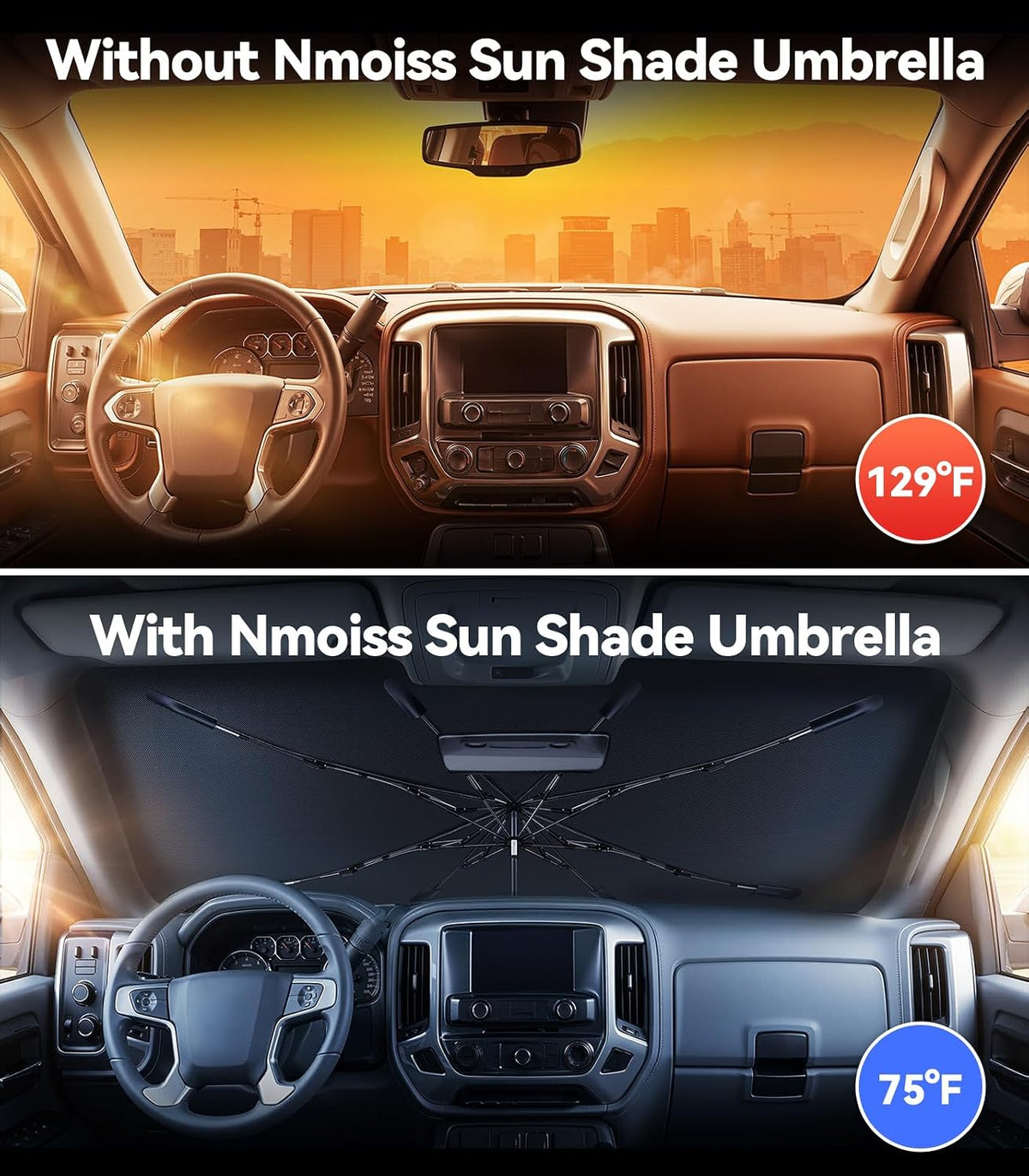 [Upgraded] Nmoiss Windshield Sun Shade Umbrella - [Vinyl Coating Heat Shield] Protect Car from Sun Rays & Heat Damage Keep Cool and Protect Interior, Spring Structure Edge Medium 56" L x 31" W