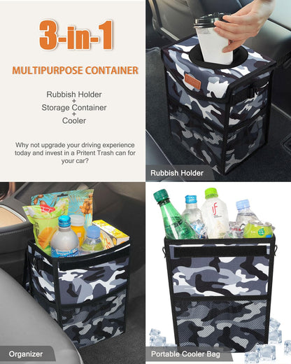 Pritent Car Trash Can with Lid, Cute Leakproof Car Trash Garbage Bag Hanging Vehicle Trash Bin Small Portable Automotive Garbage Cans Organizer for Back/Front Seat/Console(Trapezoid,Black)