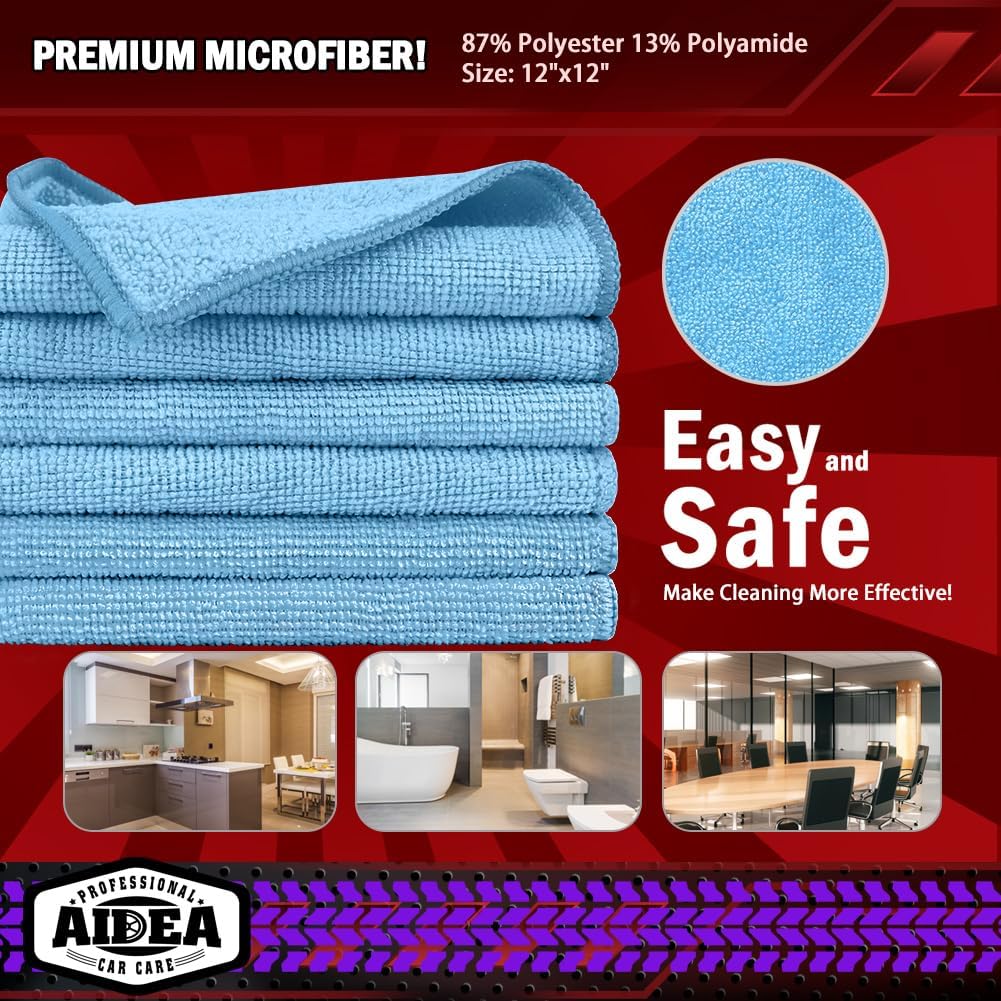 AIDEA Microfiber Cleaning Cloth, 50PK, Microfiber Towels for Cars, Premium Wash Cloths, Dusting Cloth Cleaning Rags, Absorbent Towels for SUVs, House, Kitchen, Window, Cleaning Supplies12×12"