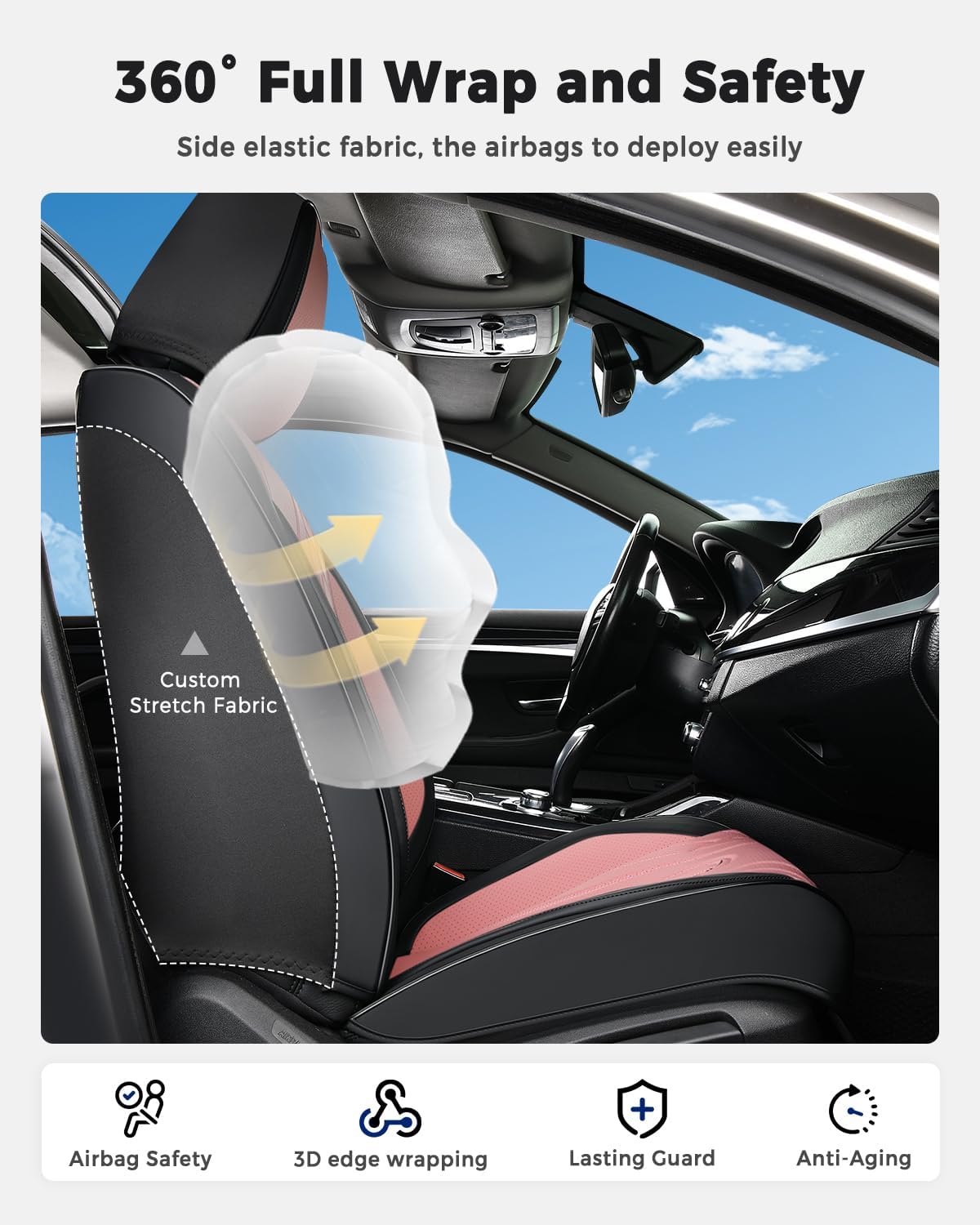 Huidasource Coffee Seat Covers Full Set, Universal Fit for Most Cars Trucks SUV, Full Coverage Leather Seat Cover, Airbag, Cupholder Compatible, Velcro Adjustable, Heaating/Cooling Function Retain
