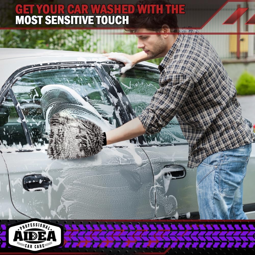 AIDEA Car Wash Mitt Microfiber, 1PK-Scratch-Free& Lint-Free, Premium Chenille Microfiber Mitt Car Wash Brush-Green Regular Size (7.12''X10.14'')