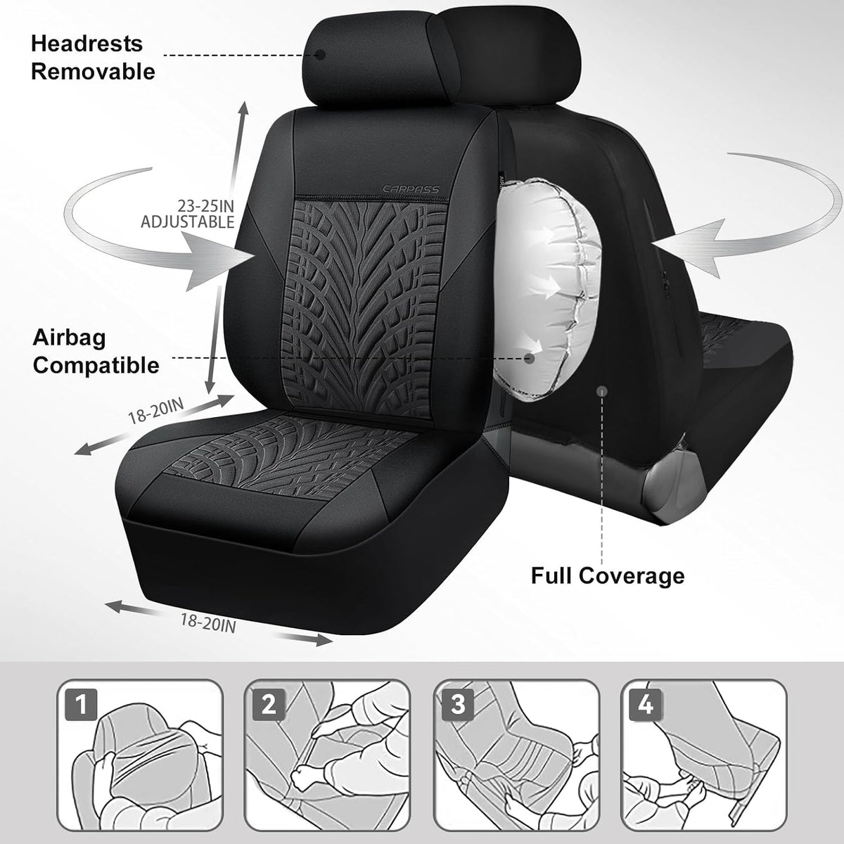 CAR PASS Car Seat Covers Full Sets, Front & Split Rear Bench for Car, 3D Tyre Embossed Automotive Interior Covers, Airbag Compatible, Quick Setup Universal Fit Seat Covers for Car, SUV(Charcoal)