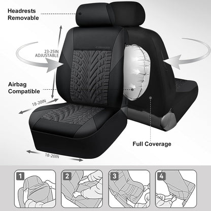 CAR PASS Car Seat Covers Full Sets, Front & Split Rear Bench for Car, 3D Tyre Embossed Automotive Interior Covers, Airbag Compatible, Quick Setup Universal Fit Seat Covers for Car, SUV(Charcoal)