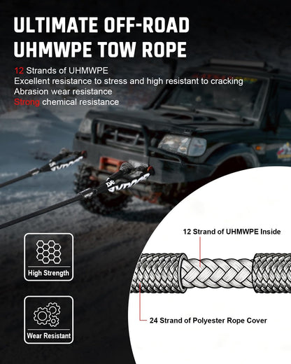 DAYDOOR Recovery Tow Rope Kit with 2 Soft Shackles, 7/16 Inch x 30 ft 31,200 Lbs UHMWPE Tow Strap, Synthetic Towing Rope Recovery Kit for ATV, UTV, SUV, Cars (Gray)