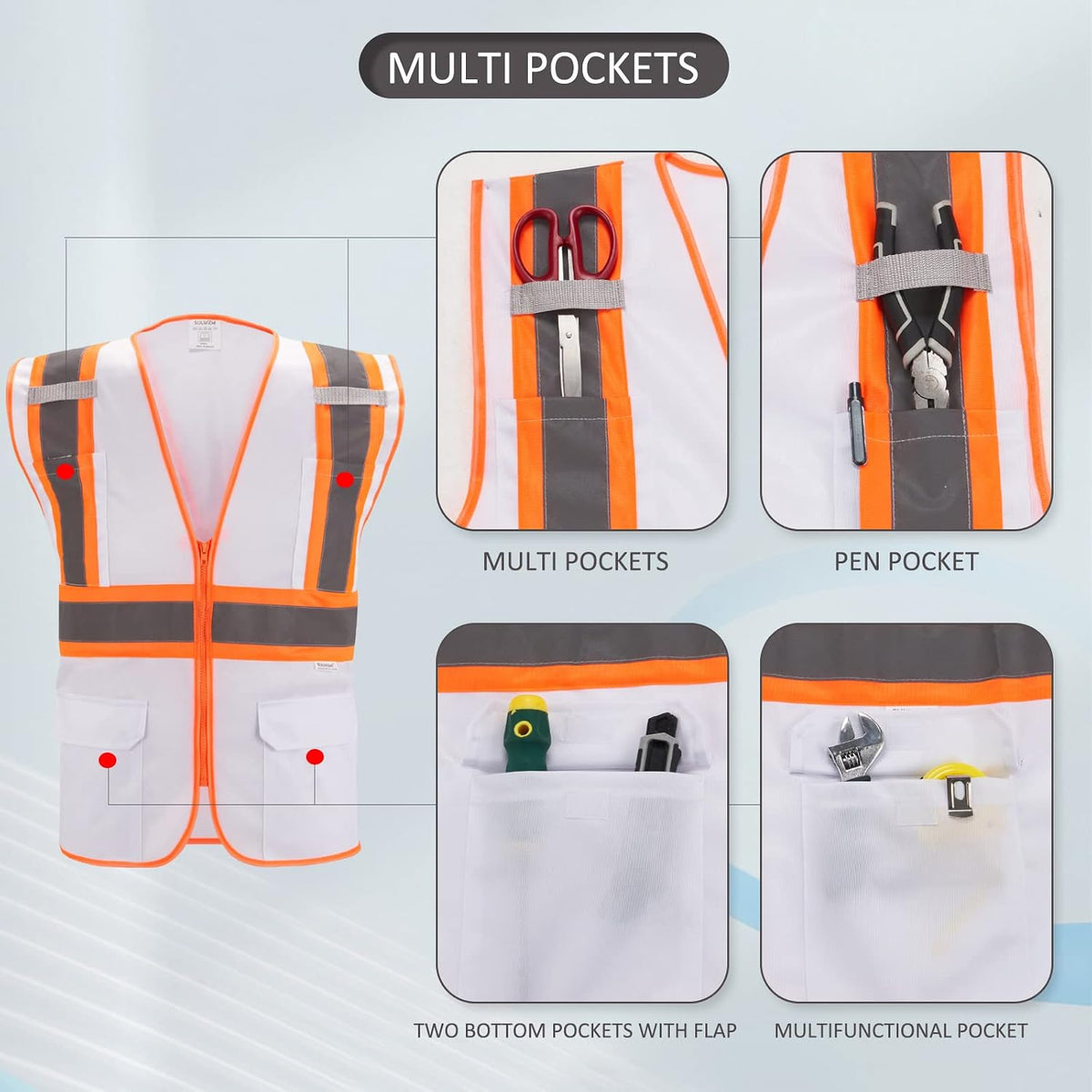 High Visibility Reflective Safety Vest with Zipper and Pockets Orange,M