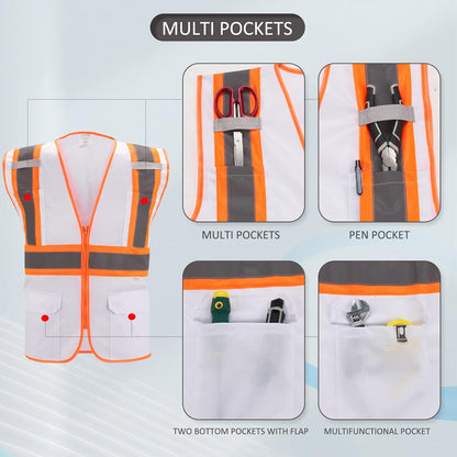 High Visibility Reflective Safety Vest with Zipper and Pockets Orange,M