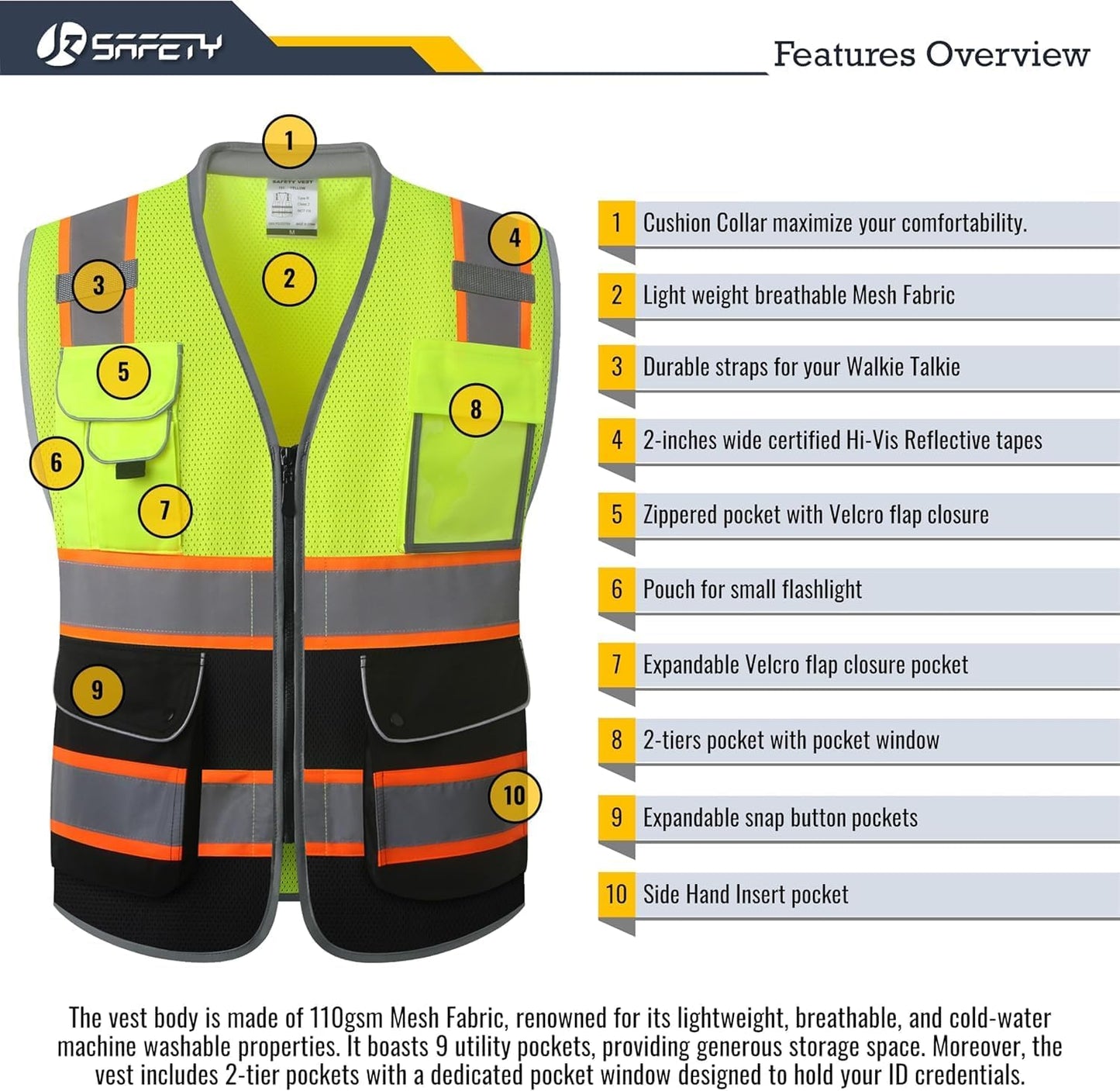 JKSafety 9 Pockets Class 2 High Visibility Zipper Front Safety Vest With Reflective Strips,Meets ANSI/ISEA Standard (Large, 150-Yellow) - Colors B