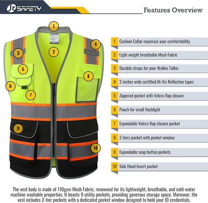 JKSafety 9 Pockets Class 2 High Visibility Zipper Front Safety Vest With Reflective Strips,Meets ANSI/ISEA Standard (Large, 150-Yellow) - Colors B