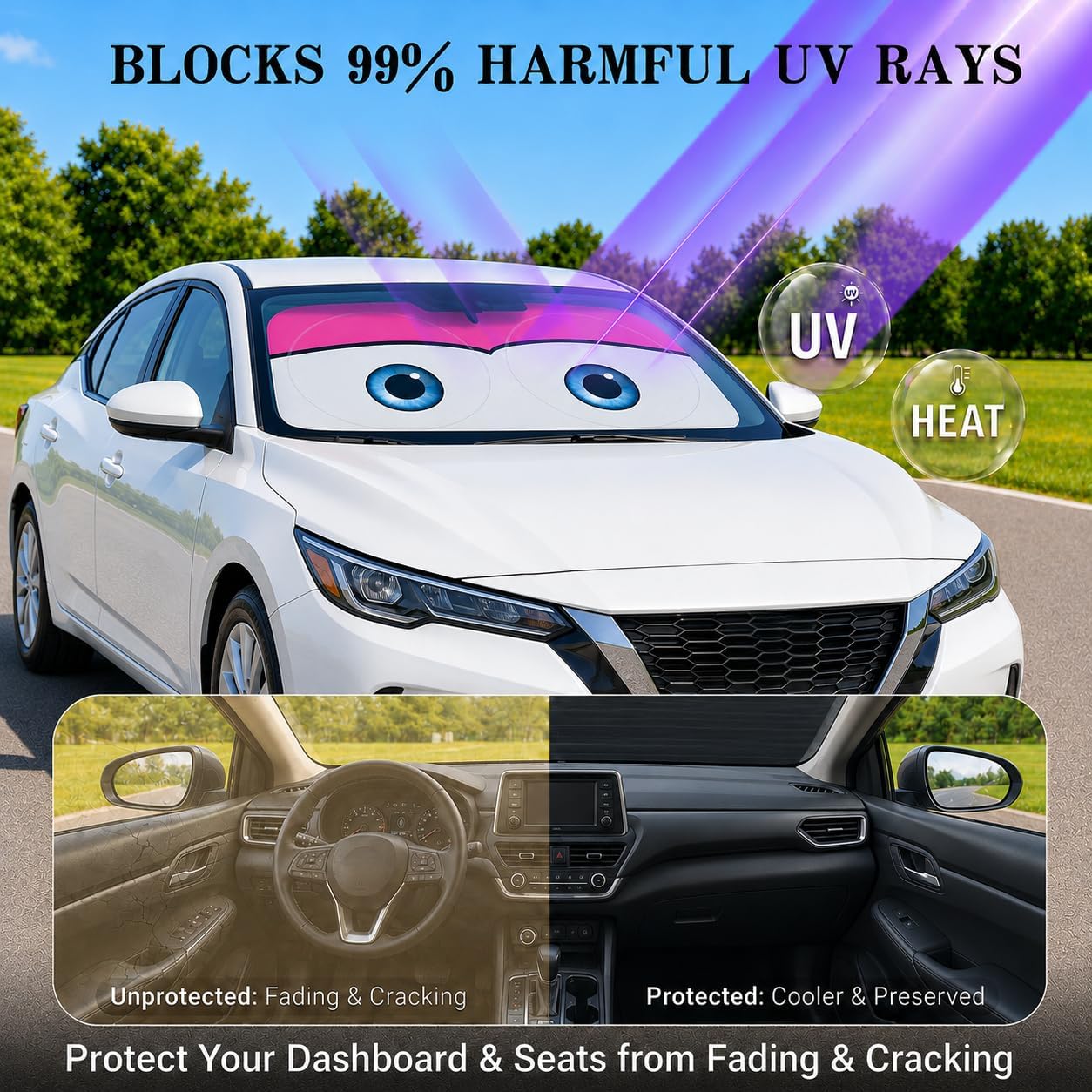 Car Windshield Sun Shade, Funny Cartoon Eyes Sun Visor for Car Windshield Universal Fits Sedan Compact Car Hatchback SUV, UV Heat Protection - 59 x 27.5