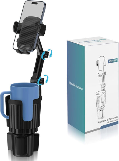 Phone Holders for Your Car Cupholder, 2 in 1 Cell Phone Holder Mount with Cup Holder Expandable Base, 360 Degree Rotating Neck, Fits All 4-7" Smartphones and Most Bottles, 1 Pack