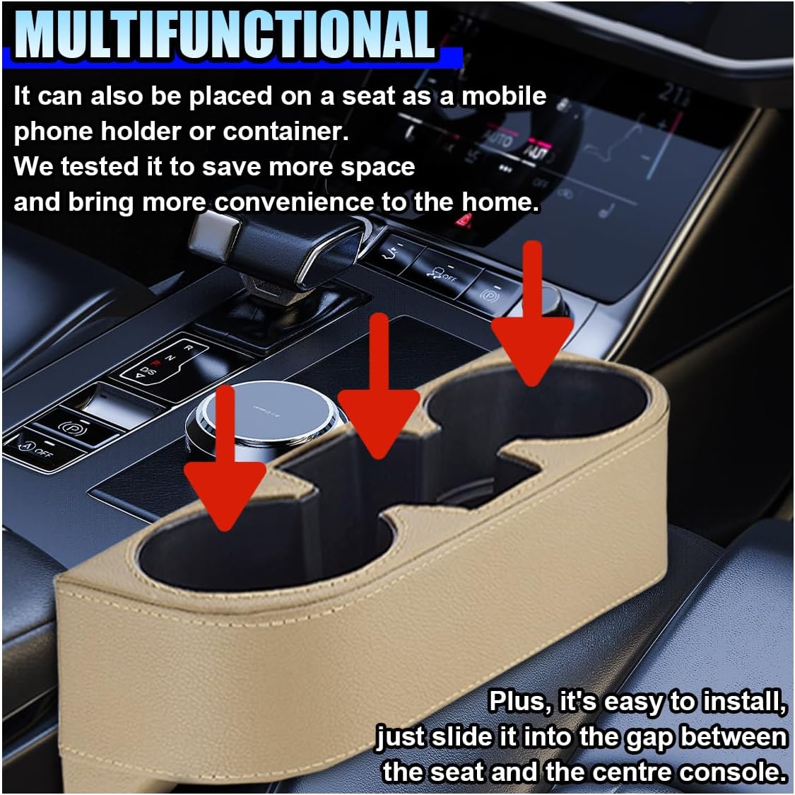 ZIMISI Car Cup Holder, PU Leather Auto Front Console Gap Filler Organizer, Multifunctional Cup Drink Holder, Car Seat Gap Filler Storage Box, Coin Bucket, Cell Mobile Phone Holder (Grey)