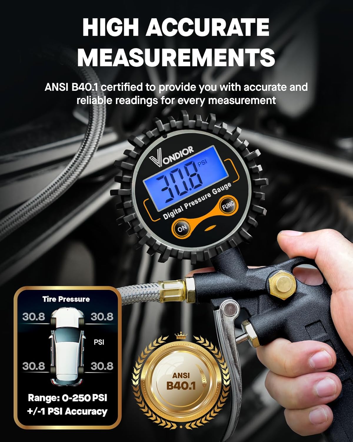 Tire Pressure Gauge - (0-60 PSI) Heavy Duty, Certified ANSI Accurate with Large 2 Inch Easy to Read Glow Dial, Low - High Air Pressure Gauge. Tire Gauge for Car and Trucks Tires by Vondior