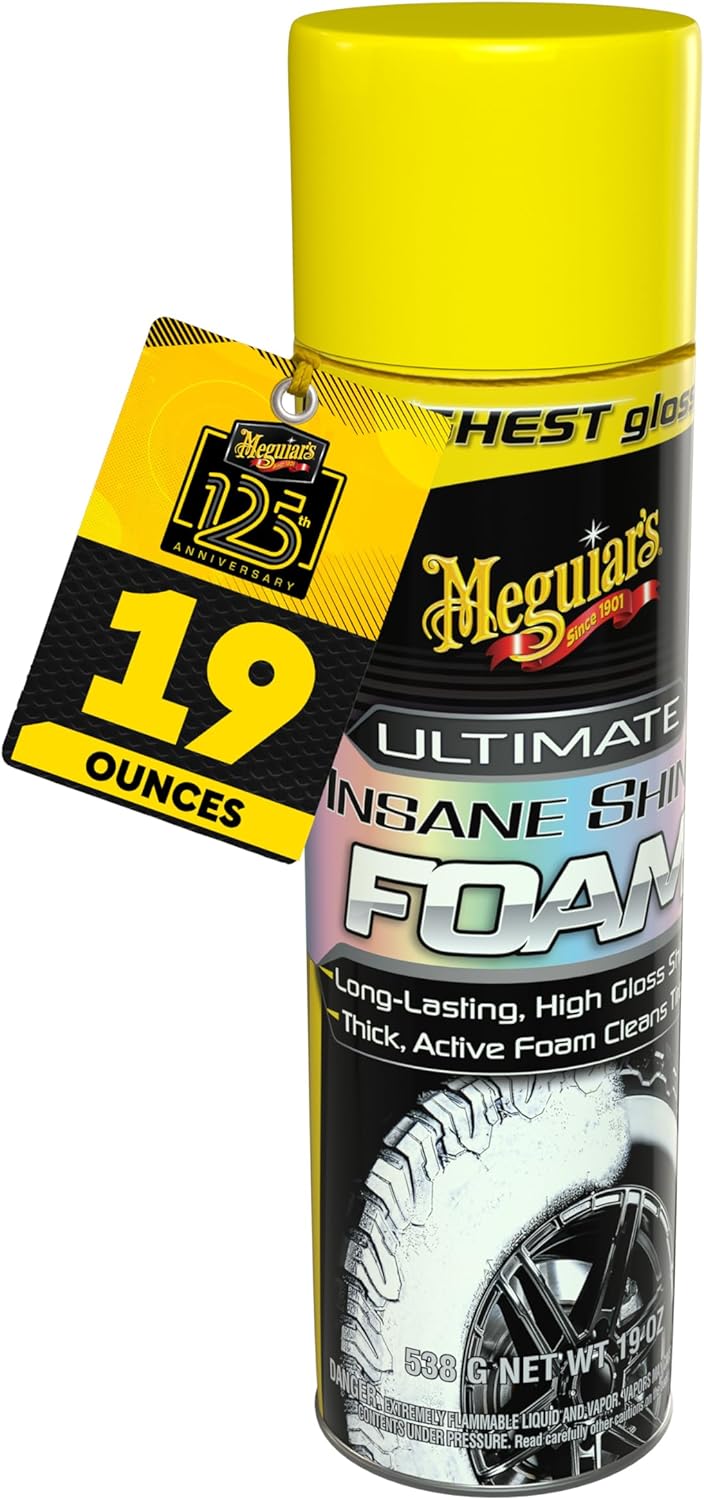 Meguiar's Ultimate Insane Shine Foam, Long-Lasting Tire Shine for an Extreme Shine and Gloss, Rich, Dark and Consistent Finish, No Wiping or Rinsing Required, 19 Oz