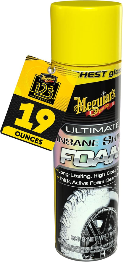 Meguiar's Ultimate Insane Shine Foam, Long-Lasting Tire Shine for an Extreme Shine and Gloss, Rich, Dark and Consistent Finish, No Wiping or Rinsing Required, 19 Oz