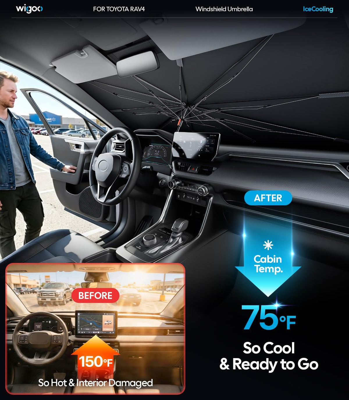 Wigoo Windshield Sun Shade Umbrella for Tesla Model Y [100% Sun Blockage, Ice Cooling Fabric] Foldable Heat Insulation Front Window Sunshade Umbrella for Tesla Model Y 2020–2026 (Juniper)