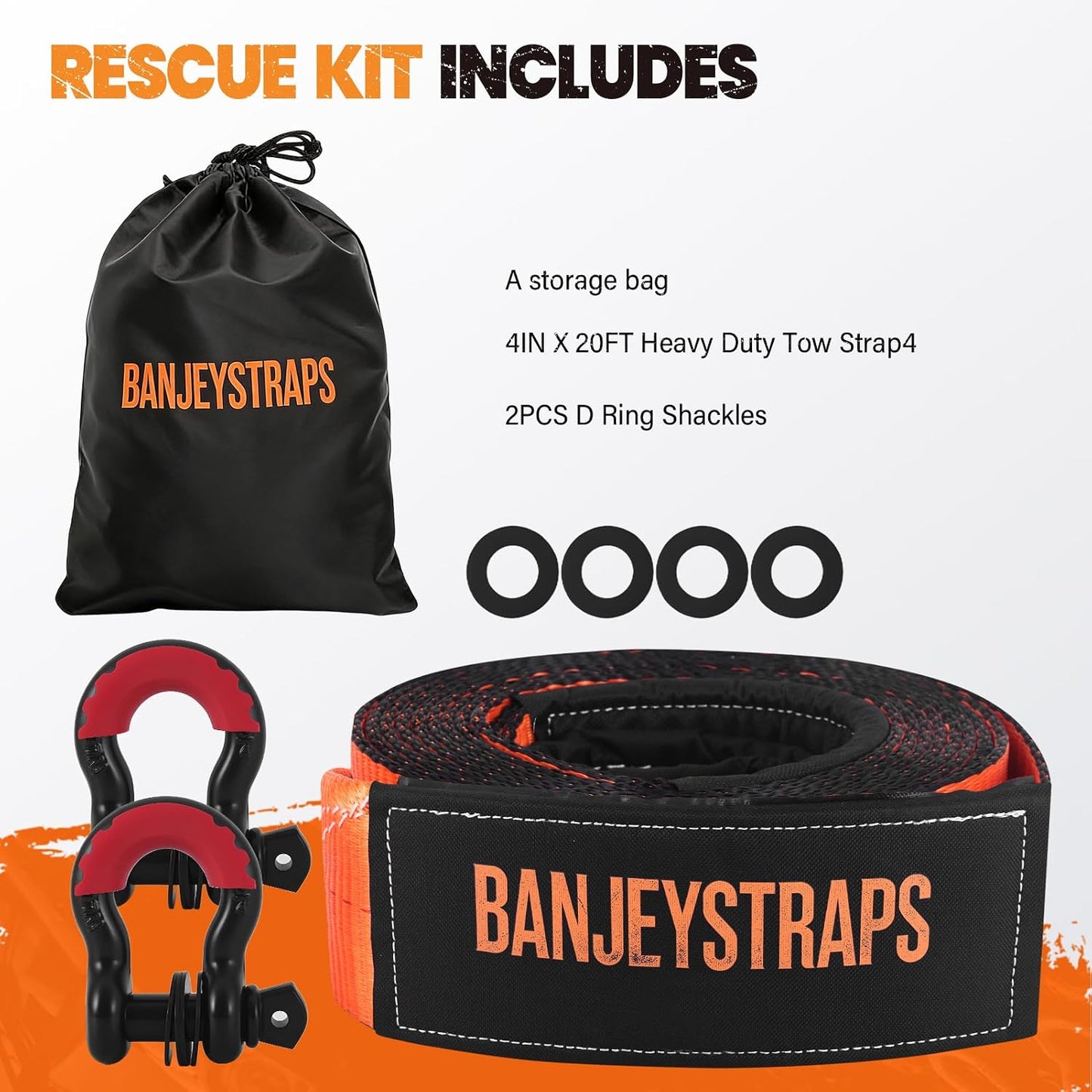 45,000 lb Recovery Tow Strap Kit with 3/4" Shackles（2pcs） - 4" x20' Heavy Duty Snatch Strap for Off-Road Truck & Jeep Recovery, Includes Storage Bag for SUV & 4x4 Vehicle Emergency