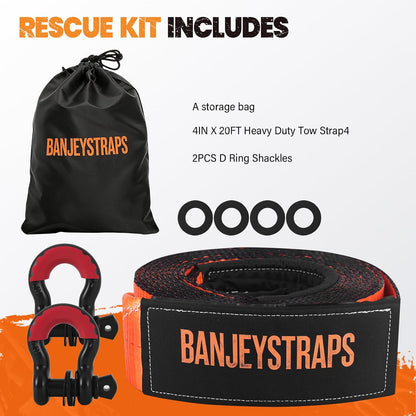 45,000 lb Recovery Tow Strap Kit with 3/4" Shackles（2pcs） - 4" x20' Heavy Duty Snatch Strap for Off-Road Truck & Jeep Recovery, Includes Storage Bag for SUV & 4x4 Vehicle Emergency