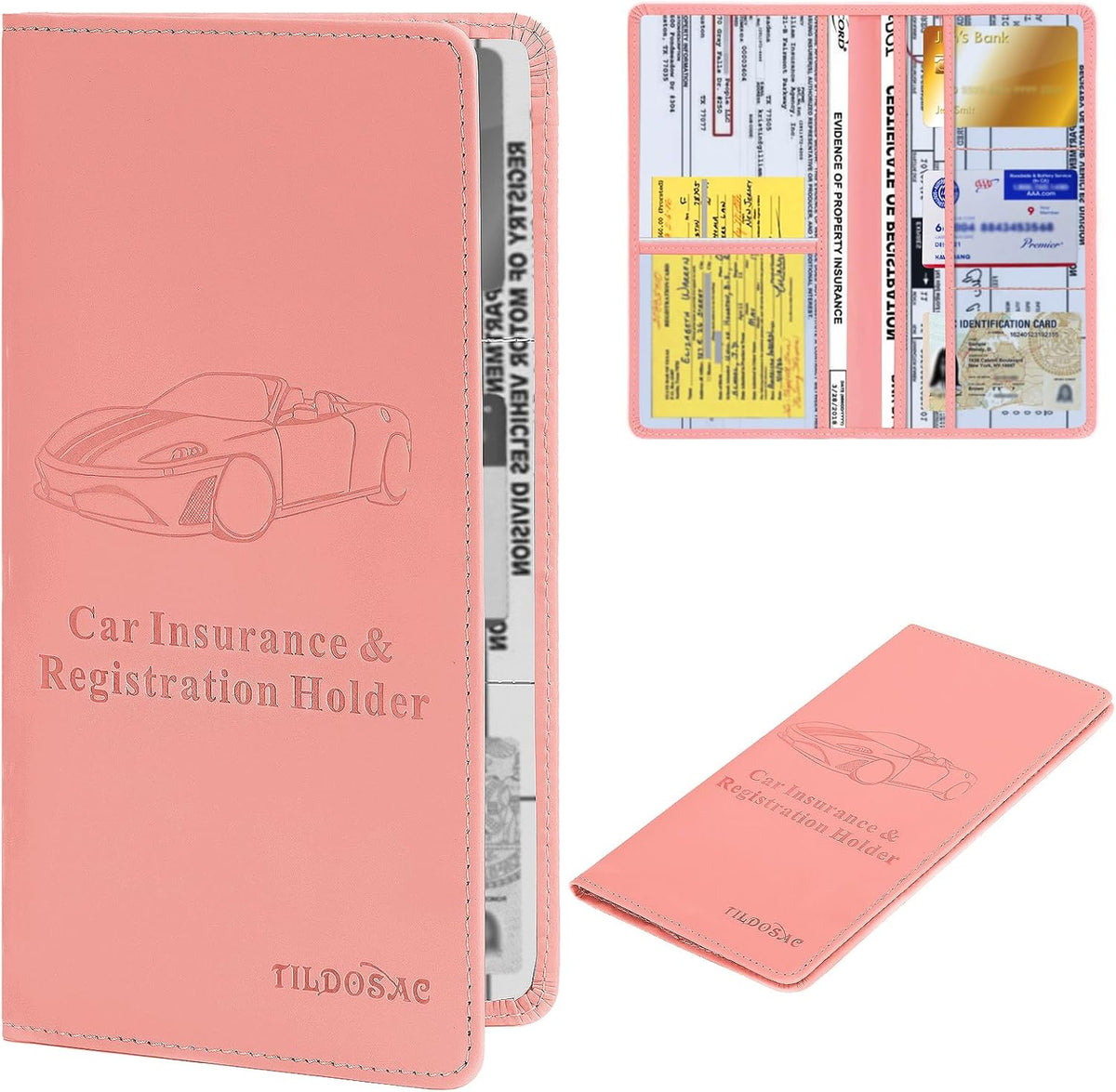 TILDOSAC Leather Car Registration and Insurance Card Holder, Car Document Holder for Cards License with Magnetic Shut (Black, large)