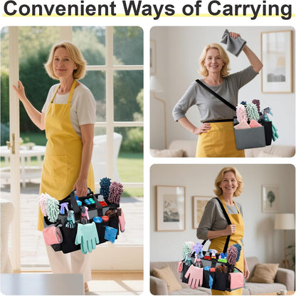 Wearable Large Cleaning Caddy Bag for Housekeeper, Clean Supply Organizer with Adjustable Shoulder, Waist & Handle Straps, Detailing Bag for Kitchen Supplies (Black)