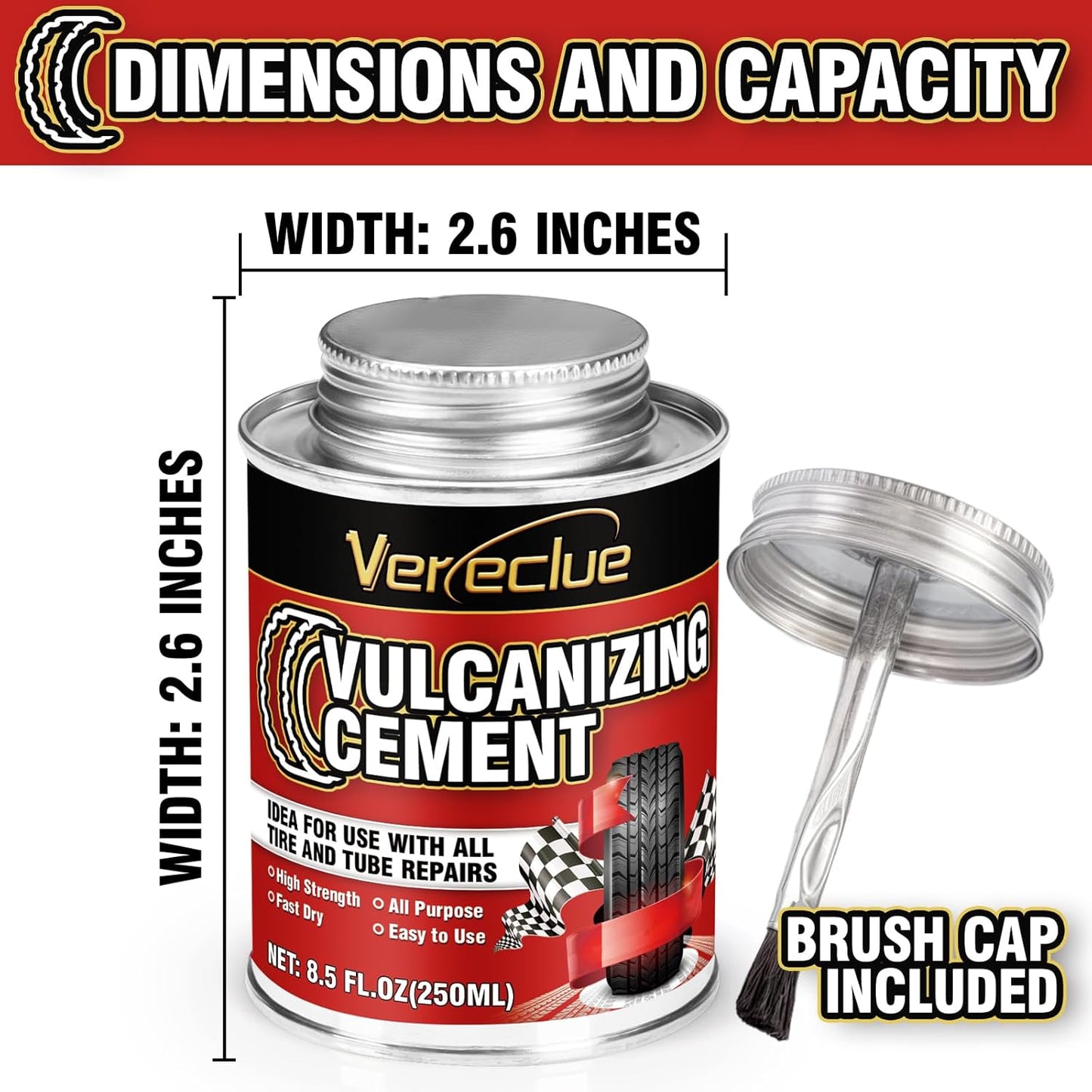 Chemical Vulcanizing Cement, Clear Tire Repair Glue, All Purpose Rubber Cement, Heavy Duty Tire Patch Kit with Brush Top Can for Car, Motorcycle, Bike, 8.5Oz