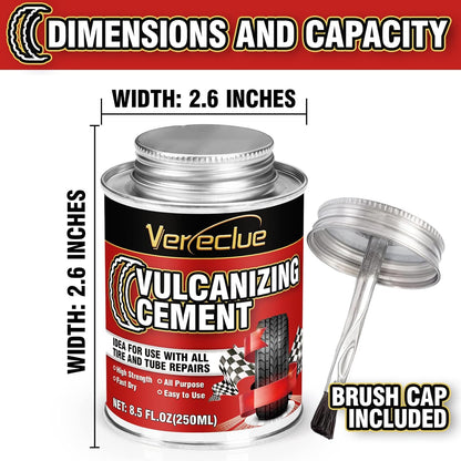 Chemical Vulcanizing Cement, Clear Tire Repair Glue, All Purpose Rubber Cement, Heavy Duty Tire Patch Kit with Brush Top Can for Car, Motorcycle, Bike, 8.5Oz