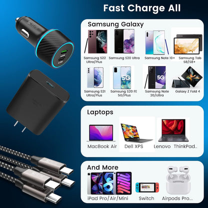 S24 S25 Ultra Charger Type C, SCRUAK 45W PPS Super Fast USB-C Wall/Car Charger for Samsung Galaxy S25 Ultra/S25+/S25/S24 Ultra/S24+/S23/S22/S20/Note 20/Note 10+(with 2X 3.3FT 5A Type C Cable)