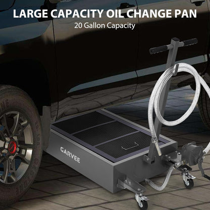 Garvee 20 gal Oil Drain Pan Oil Drain Tank, 76 L Low Profile Oil Drain Pan, Large Capacity Oil Change Pan with Manual Pump & T Foldable Hand and Wheels, 8 ft Hose Oil Drain Cart for Car, SUV, Trucks