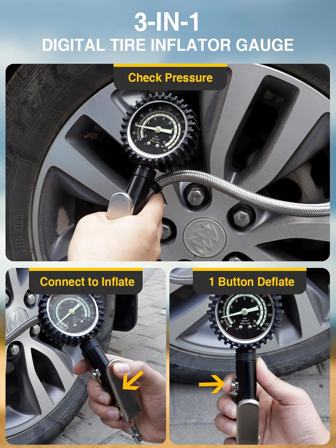 AZUNO Digital Tire Inflator with Pressure Gauge, 200 PSI, Heavy Duty Air Compressor Accessories, with Rubber Hose Lock on Air Chuck and Quick Connect Coupler, Comes with a Portable Carrying Box