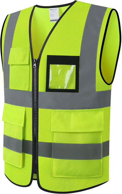 Reflective Mesh Safety Vest for Men Women with 5 Pockets and Zipper Front High Visibility Mesh Vest Hi Vis Construction Work Vest,Meets ANSI/ISEA Standards(EK175-Yellow-L)