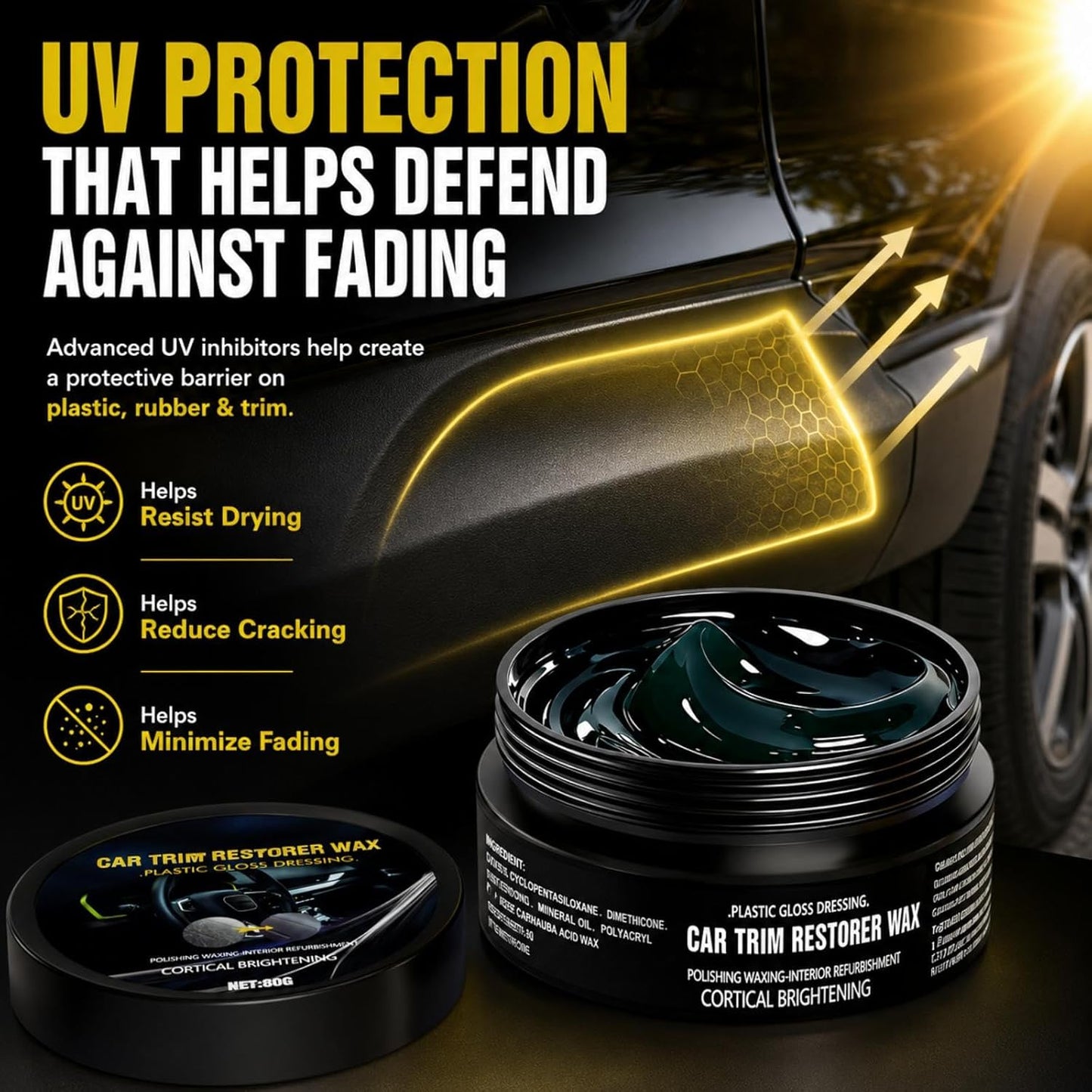 Plastic Restorer for Cars, Ceramic Coating Black Trim Restorer, Back to Black Plastic Polish for Interior Exterior Trim, Dashboard Cleaner with UV Protection, 80g with Sponge