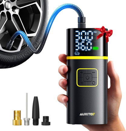 AUXITO Tire Inflator Portable Air Compressor - 150PSI Bike Pump 1Min Fast Inflate with Tire Pressure Gauge, 5200 mAh, LED Light, Car Accessories Air Pump for Auto, Moto, Bike Car Gifts for Men