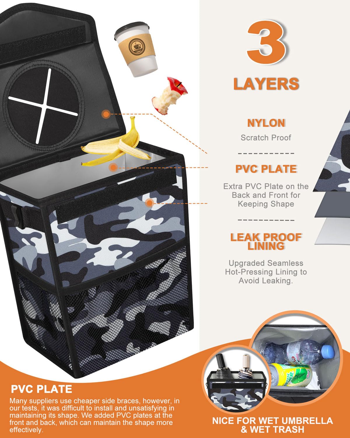 Pritent Car Trash Can with Lid, Cute Leakproof Car Trash Garbage Bag Hanging Vehicle Trash Bin Small Portable Automotive Garbage Cans Organizer for Back/Front Seat/Console(Trapezoid,Black)
