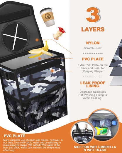Pritent Car Trash Can with Lid, Cute Leakproof Car Trash Garbage Bag Hanging Vehicle Trash Bin Small Portable Automotive Garbage Cans Organizer for Back/Front Seat/Console(Trapezoid,Black)