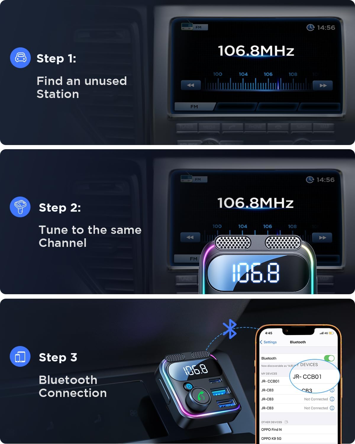 JOYROOM 81W Bluetooth 6.0 Car Adapter Wireless FM Radio Transmitter | [PD45W & QC36W] Fast Charge, Dual Mics for Clear Call, HiFi Deep Bass, LED Light, Support USB Drive, Ideal for Road Trips