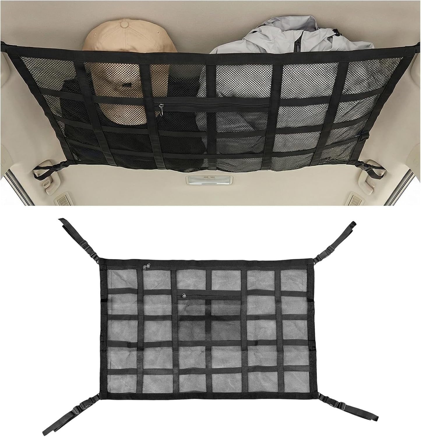 Car Ceiling Cargo Net Pocket, 31.5×20.5 Inch Double-Layer Car Roof Mesh Storage Organizer, Strengthen Load Bearing Overhead Cargo Storage Net for 4-Handle Vehicles