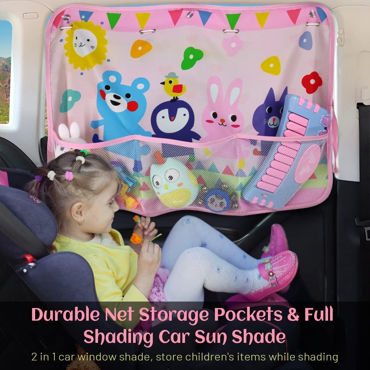 Car Sun Shade Side Window, 2 Pcs Blackout Car Window Shade for Baby Privacy with Storage Net Pockets Auto Curtains 7 Suction Cups for Heat/UV Protection Sun Block Covers
