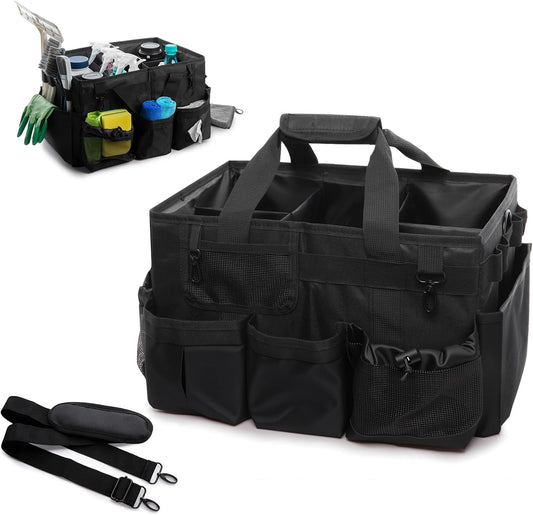 Large Cleaning Caddy Bag with Built-in Support Board, Wearable Cleaning Supplies Organizer with Adjustable Shoulder Strap & Waist Belt, Waterproof Heavy Duty Tote for Housekeepers Car Detailing