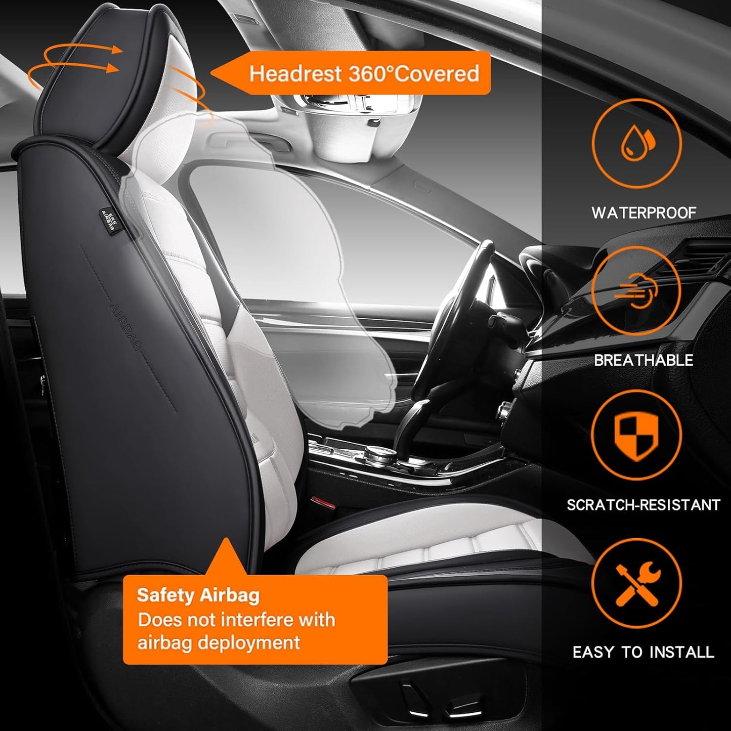 MINGBRON Car Seat Cover Full Set, Leather Car Seat Cover, Waterproof Seat Covers, Car Seat Cushion, Nappa Leather Seat Covers Car Seat Protector Universal Fit Most Cars Black