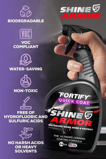 SHINE ARMOR Fortify Quick Coat: 3-in-1 Waterless Car Wash Spray with Ceramic Coating - Car Wax, Paint Protector, and Cleaner for Trucks, Bikes and SUVs, Made in USA, 16floz