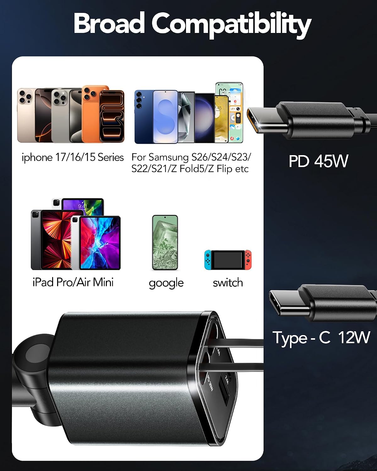 Retractable Car Charger,Car Phone Charger USB C Fast Charge,Cigarette Lighter USB Charger Car Accessories for Women,Road Trip Essentials Gift for Men,Car Charger for iPhone 17/16/15,Galaxy S26,Pixel