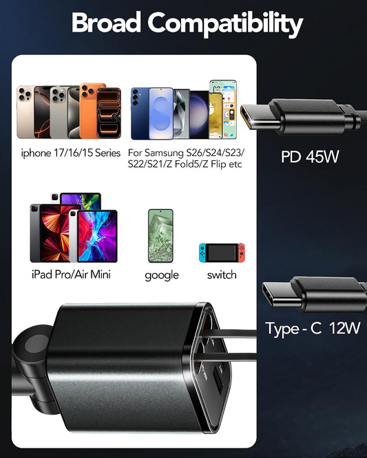 Retractable Car Charger,Car Phone Charger USB C Fast Charge,Cigarette Lighter USB Charger Car Accessories for Women,Road Trip Essentials Gift for Men,Car Charger for iPhone 17/16/15,Galaxy S26,Pixel