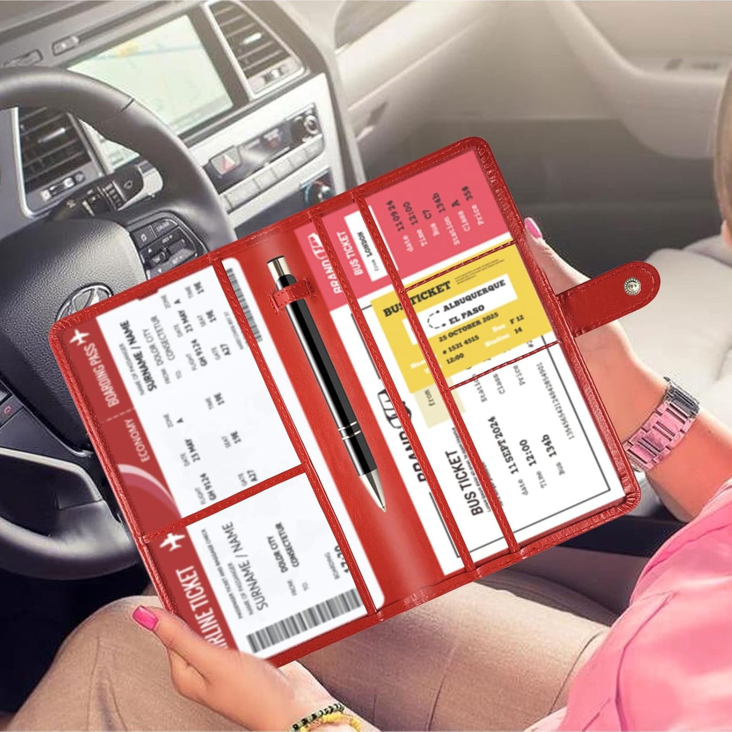 Car Registration and Insurance Card Holder with Magnetic Closure, Leather Vehicle Glove Box Automobile Documents Paperwork Wallet Case Organizer for ID, Driver's License, Key Contact Information Cards