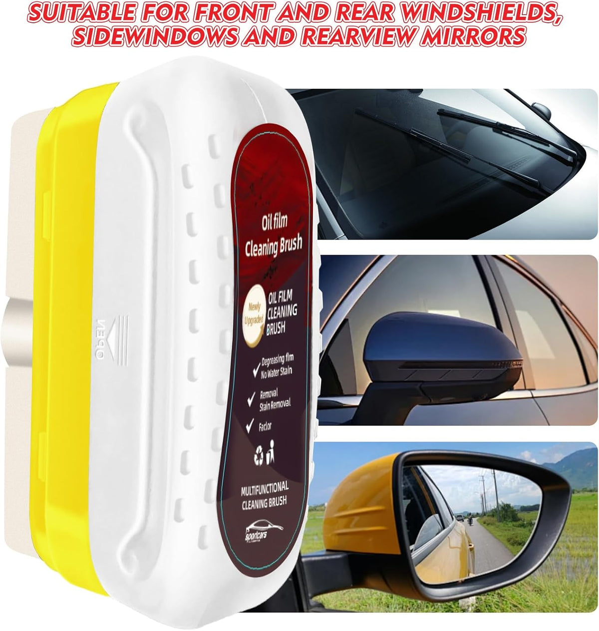Automotive Oil Film Cleaning Brush with Reusable Foam Sprayer, Upgraded Antifog Glass Cleaning Board, Glass Oil Film Remover for Car Windows & Windshields, Versatile Car Glass Cleaner Brush (Red)