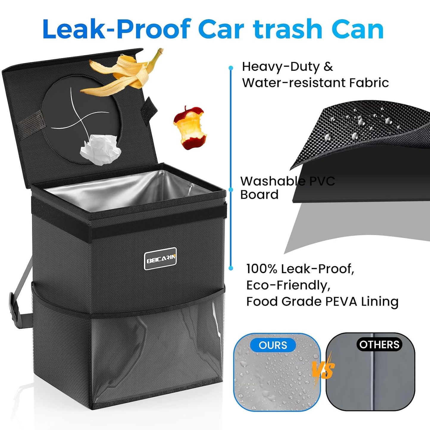 Car Trash Can with Lid - Trash Bag Hanging with Storage Pockets Leak-Proof SUV Organizer Collapsible and Portable Waterproof Truck Garbage Bin, 2.6 Gal Large Capacity Multipurpose Trash Bin for Van