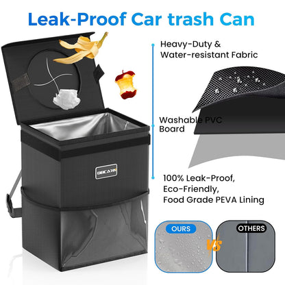 Car Trash Can with Lid - Trash Bag Hanging with Storage Pockets Leak-Proof SUV Organizer Collapsible and Portable Waterproof Truck Garbage Bin, 2.6 Gal Large Capacity Multipurpose Trash Bin for Van
